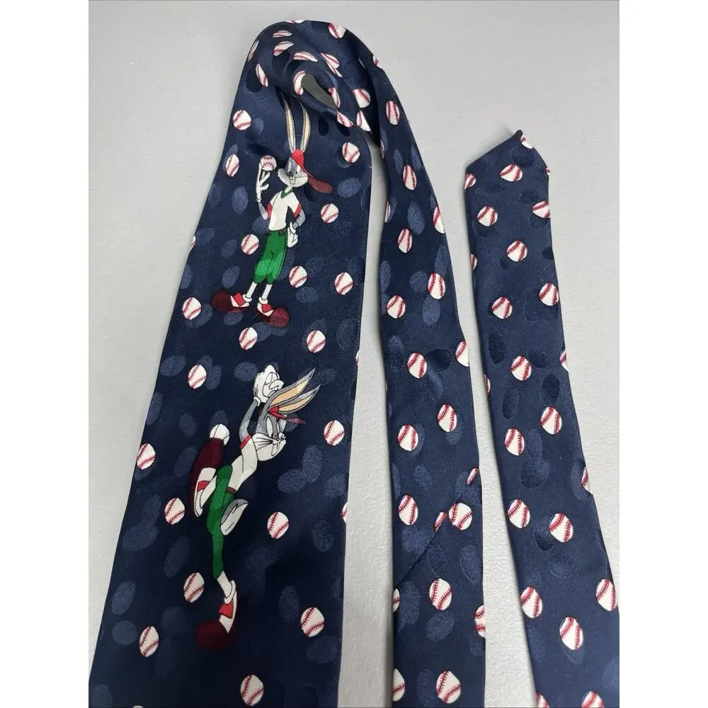 Vintage Looney Tunes Baseball Silk Tie Bugs Yosemite Tasmanian Taz Mens Necktie